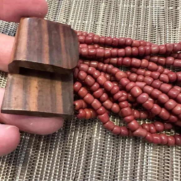 Bali Maroon Brown 14 Strand Bead Bracelet Wood Clasp Hard Wood Boho Casual - Picture 10 of 13